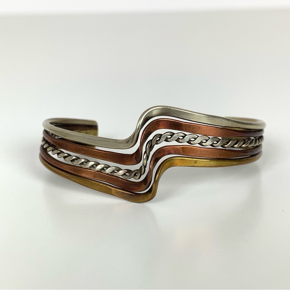Mixed Metal Brass Copper Taxco Bracelet Open Cuff 5 Layers Twisted Vtg Mexico
